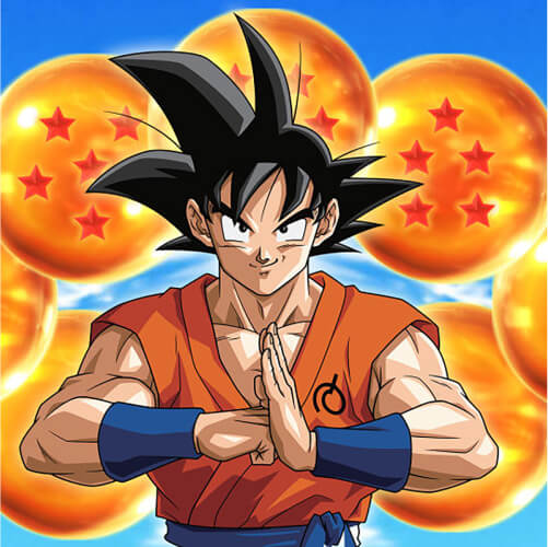 Goku pumping his fist with dragonballs in the background